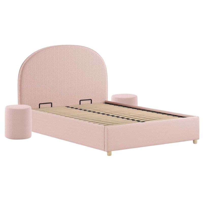 Pack Lit coffre 140x200cm Tête Demi-Lune + 2 Poufs Tissu Bouclé Rose - CONNIE