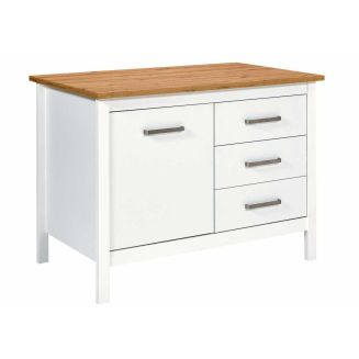 Ilot de Cuisine Blanc et Plateau Effet Bois avec un côté 1 porte 3 tiroirs et 1 côté 2 étagères - KENNY