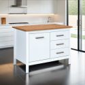 Ilot de Cuisine Blanc et Plateau Effet Bois avec un côté 1 porte 3 tiroirs et 1 côté 2 étagères - KENNY