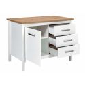 Ilot de Cuisine Blanc et Plateau Effet Bois avec un côté 1 porte 3 tiroirs et 1 côté 2 étagères - KENNY