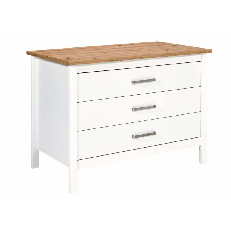 Ilot de Cuisine Blanc et Plateau Effet Bois avec un côté 3 tiroirs et 1 côté 2 étagères - KENNY Ilot de Cuisine Blanc et Plateau Effet Bois avec un côté 3 tiroirs et 1 côté 2 étagères - KENNY