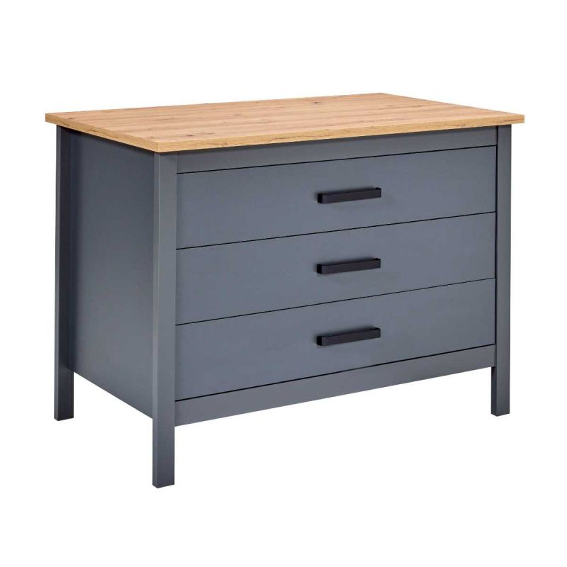 Ilot de Cuisine Anthracite et Plateau Effet Bois avec un côté 3 tiroirs et 1 côté 2 étagères - KENNY Ilot de Cuisine Anthracite et Plateau Effet Bois avec un côté 3 tiroirs et 1 côté 2 étagères - KENNY