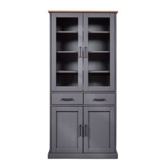 Vitrine 4 portes 2 tiroirs en pin massif teinté gris - FABIO