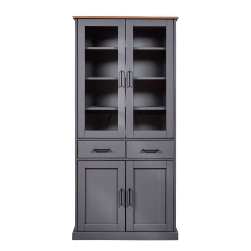Vitrine 4 portes 2 tiroirs en pin massif teinté gris - FABIO
