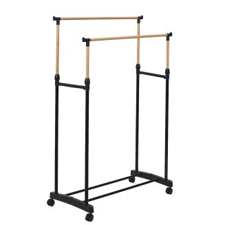 Portant double hauteur ajustable sur roulettes noir et effet bois