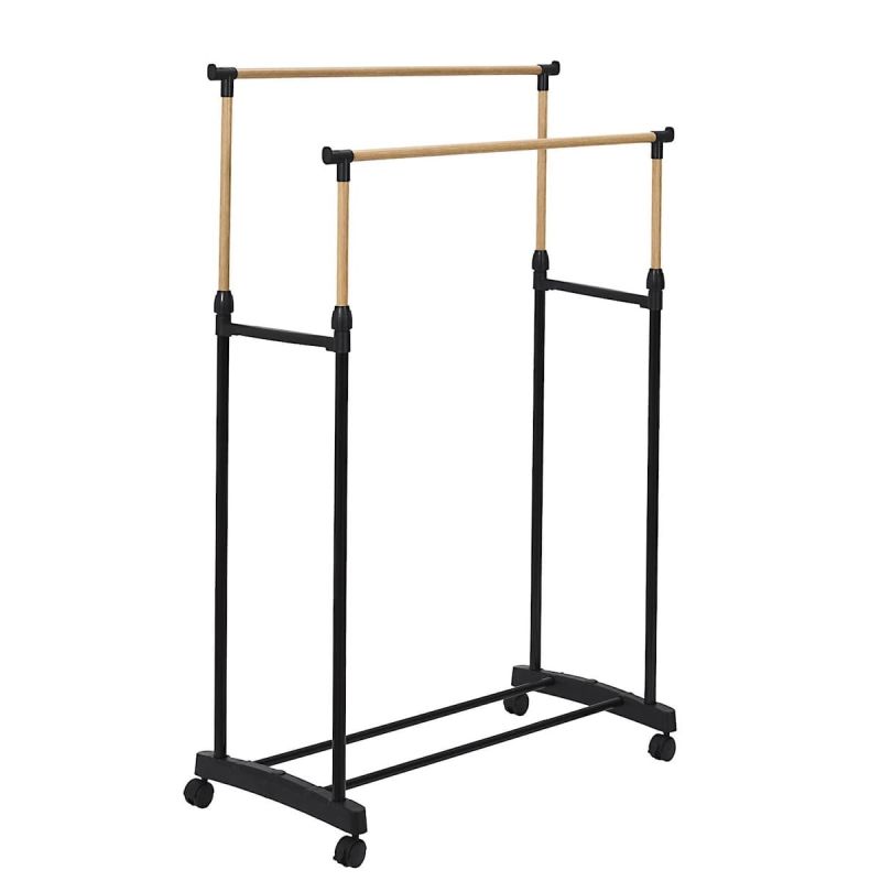 Portant double hauteur ajustable sur roulettes noir et effet bois Portant double hauteur ajustable sur roulettes noir et effet bois