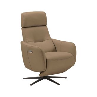Fauteuil relax électrique pivotant avec têtière manuelle tout cuir marron clair - REANE
