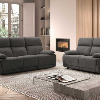Ensemble Canapé relax électrique 3pl + canapé fixe tissu polyester gris foncé - MIGUEL