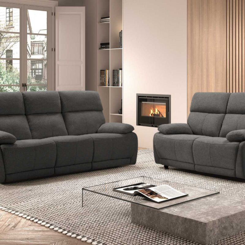 Ensemble Canapé relax électrique 3pl + canapé fixe tissu polyester gris foncé - MIGUEL