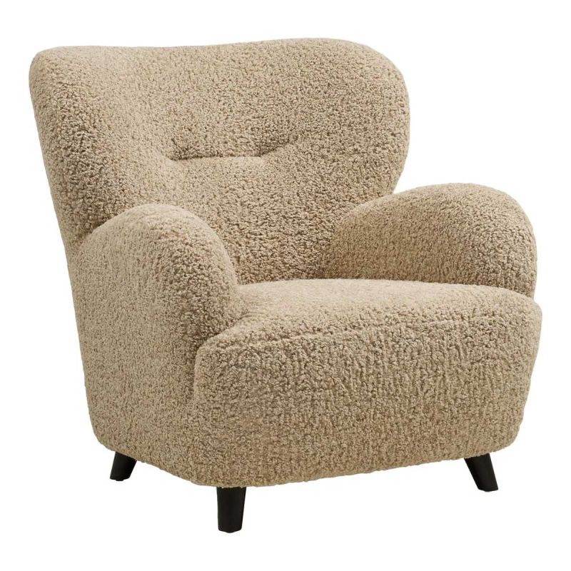 Fauteuil lounge vintage en tissu bouclette beige foncé- YOLAN