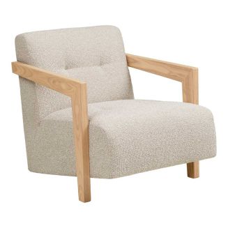 Fauteuil lounge vintage en tissu bouclette beige et accoudoirs en bois - FERNAND