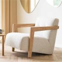 Fauteuil lounge vintage en tissu bouclette beige et accoudoirs en bois - FERNAND