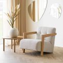 Fauteuil lounge vintage en tissu bouclette beige et accoudoirs en bois - FERNAND