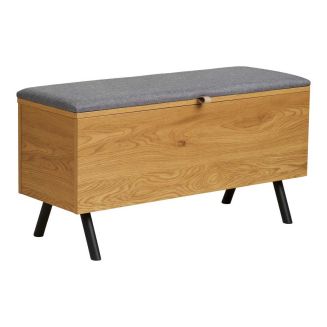 Banc coffre en mélaminé aspect chêne clair assise en tissu polyester gris - VALTIS