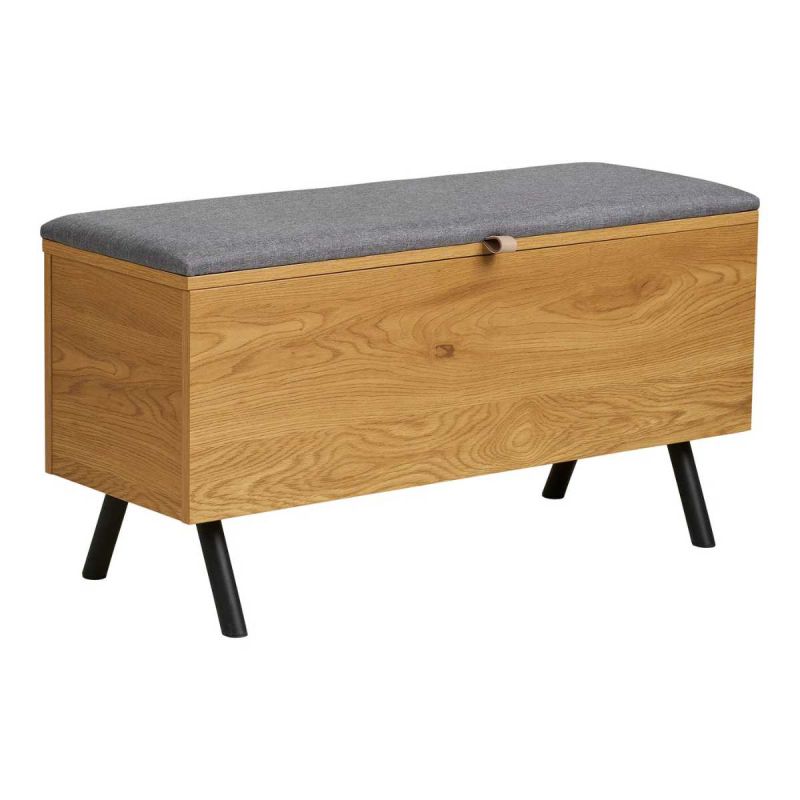 Banc coffre en mélaminé aspect chêne clair assise en tissu polyester gris - VALTIS