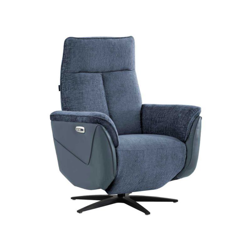 Fauteuil relax électrique pivotant bi-matière tissu chenillé et PVC bleu - CELESTE