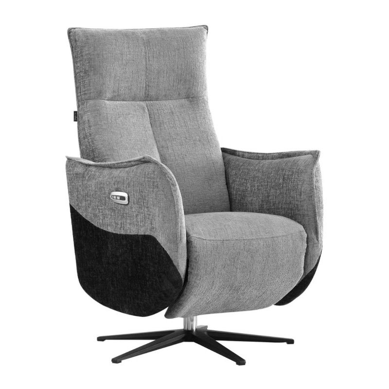 Fauteuil relax électrique pivotant tissu chenillé bicolore gris et gris carbone - AKENIA