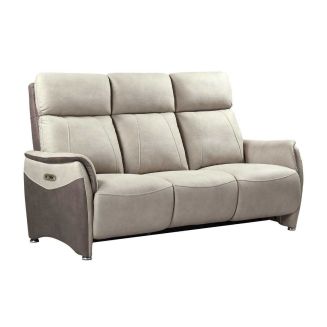 Canapé 3 places relax électrique tissu micro peau brun taupe et beige mastic avec tablette centrale - SANGY