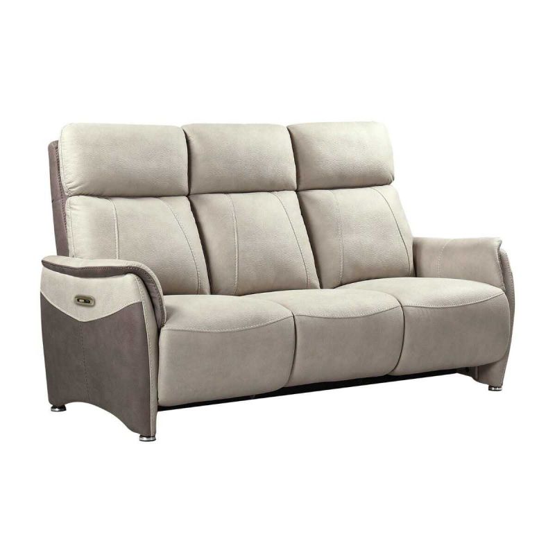 Canapé 3 places relax électrique tissu micro peau brun taupe et beige mastic avec tablette centrale - SANGY Canapé 3 places relax électrique tissu micro peau brun taupe et beige mastic avec tablette centrale - SANGY