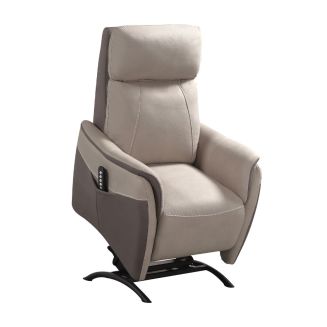 Fauteuil relax électrique releveur tissu micro peau brun taupe et beige mastic - SANGY
