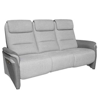Canapé 3 places relax électrique tissu polyester gris clair et gris foncé avec tablette centrale imitation noyer - NADIR