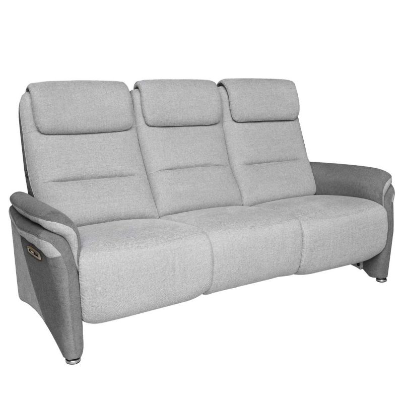 Canapé 3 places relax électrique tissu polyester gris clair et gris foncé avec tablette centrale imitation noyer - NADIR Canapé 3 places relax électrique tissu polyester gris clair et gris foncé avec tablette centrale imitation noyer - NADIR