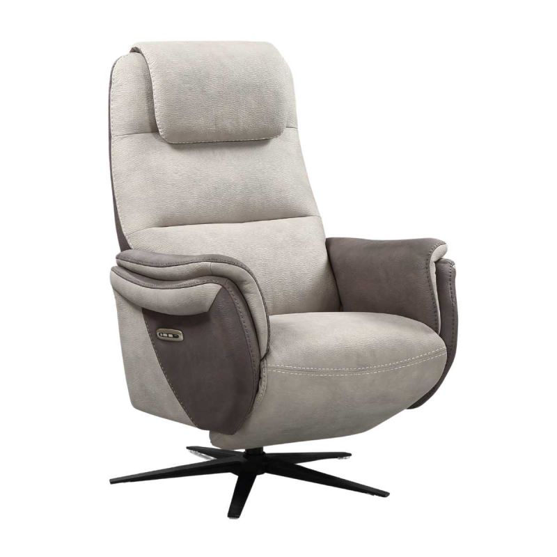 Fauteuil relax électrique pivotant tissu micro peau brun et mastic - NADIR