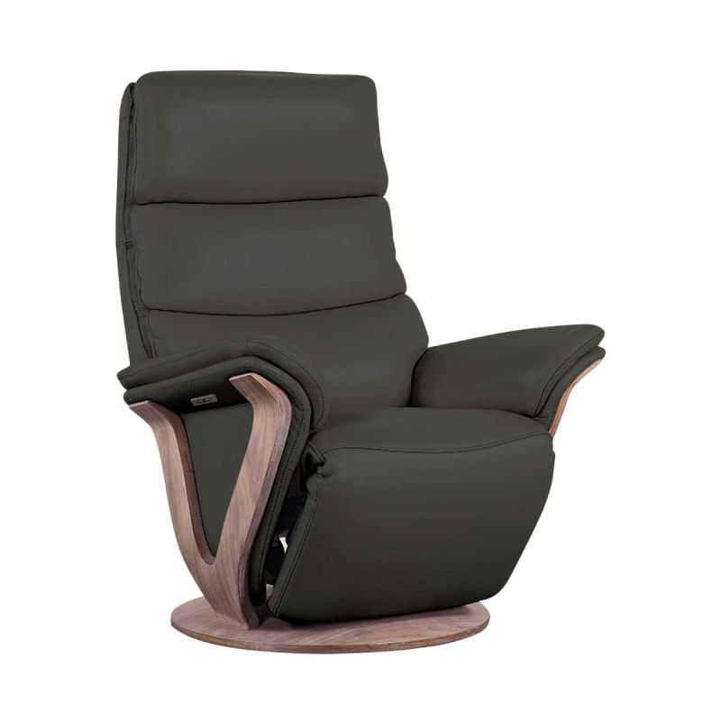 Fauteuil relax électrique pivotant bi-moteur en cuir/pvc couleur gris clair pied en bois. - HOLLY