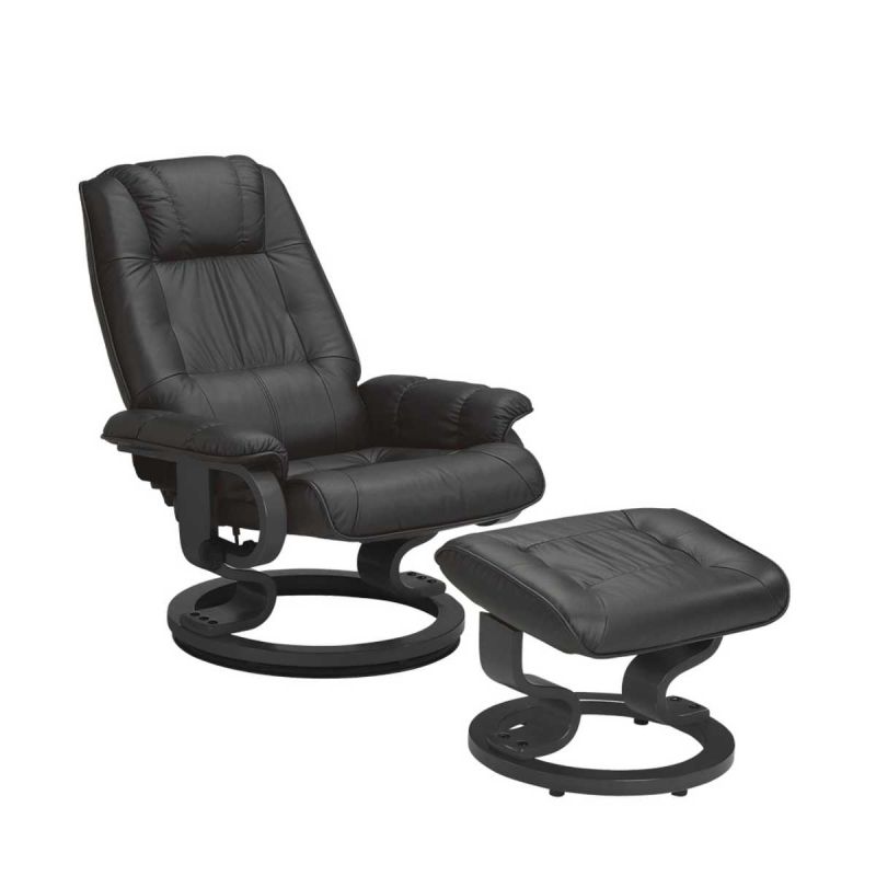 Fauteuil dossier inclinable pivotant en cuir/pvc noir avec repose-pieds piètement rond en bois noir - ORWELL Fauteuil dossier inclinable pivotant en cuir/pvc noir avec repose-pieds piètement rond en bois noir - ORWELL