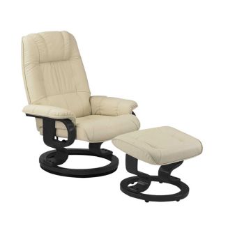 Fauteuil dossier inclinable pivotant en cuir/pvc beige avec repose-pieds piètement rond en bois noir - ORWELL