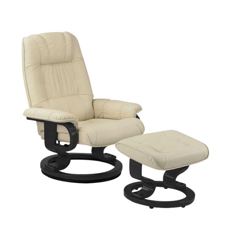 Fauteuil dossier inclinable pivotant en cuir/pvc beige avec repose-pieds piètement rond en bois noir - ORWELL Fauteuil dossier inclinable pivotant en cuir/pvc beige avec repose-pieds piètement rond en bois noir - ORWELL