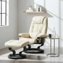 Fauteuil dossier inclinable pivotant en cuir/pvc beige avec repose-pieds piètement rond en bois noir - ORWELL