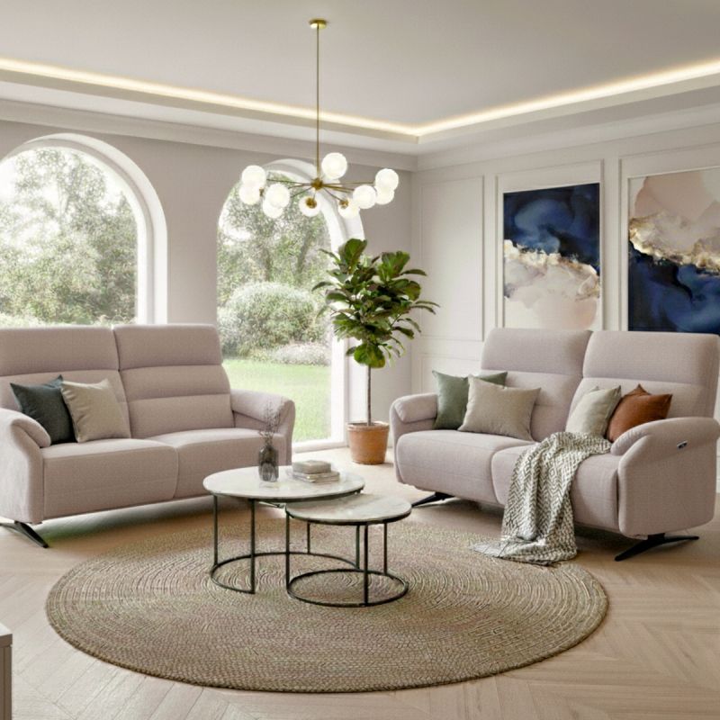 Ensemble canapé relax électrique 3 places + canapé fixe 2 places tissu maillé beige - LAMA Ensemble canapé relax électrique 3 places + canapé fixe 2 places tissu maillé beige - LAMA