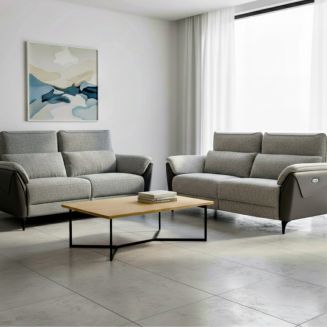 Ensemble canapé relax électrique 3 places + canapé fixe 2 places bi-matière gris - CELESTE