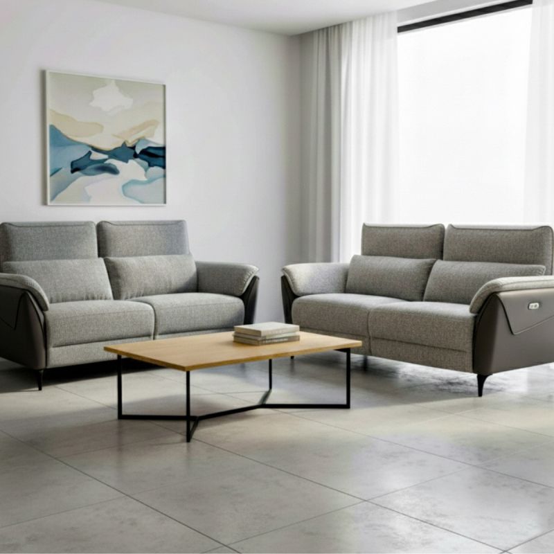Ensemble canapé relax électrique 3 places + canapé fixe 2 places bi-matière gris - CELESTE