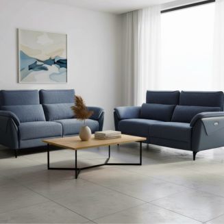 Ensemble canapé relax électrique 3 places + canapé fixe 2 places bi-matière bleu - CELESTE