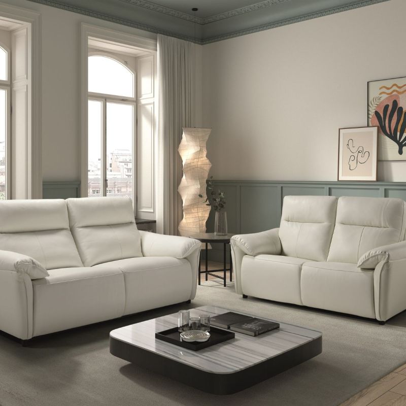 MAZARO - Canapés 3 Places Relax Electrique + 2 Places Fixe Cuir Blanc