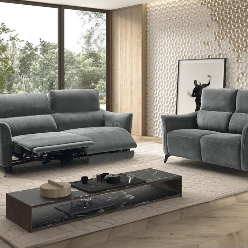 Ensemble Canapé relax électrique + canapé fixe tissu Waterproof Gris - BURGOS Ensemble Canapé relax électrique + canapé fixe tissu Waterproof Gris - BURGOS