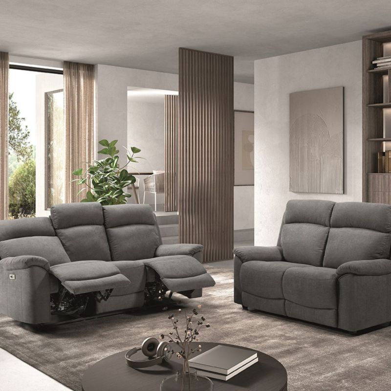 HUESCA - Ensemble 2 Canapés Fixe 2 Places et Relax Electrique Tissu Gris