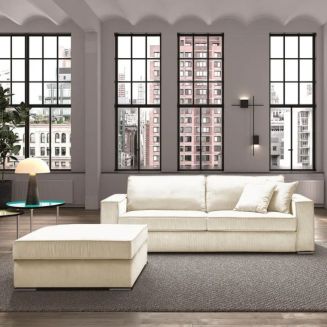 SORIAN - Canapé fixe 4 Places Velours Côtelé + Pouf Blanc