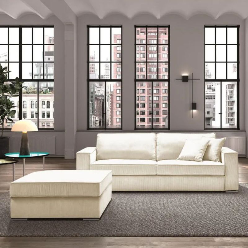 SORIAN - Canapé fixe 4 Places Velours Côtelé + Pouf Blanc