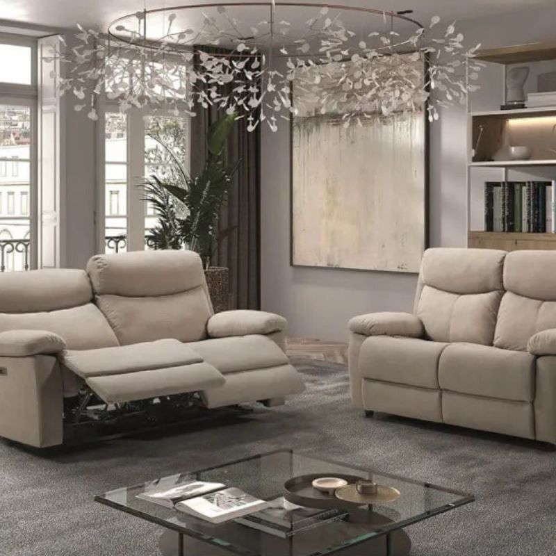 TARIFA - Ensemble 2 Canapés Fixe 2 Places et Relax Electrique Tissu Beige