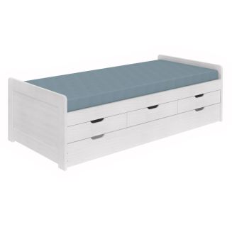 TOMMY - Lit Gigogne 90x200 avec Tiroirs en Bois Massif Cérusé Blanc