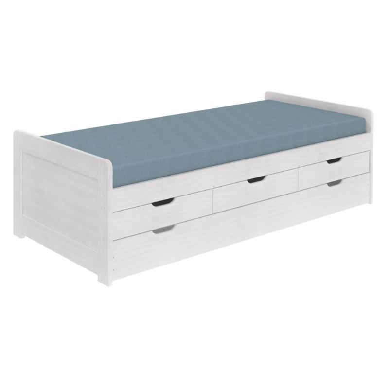 TOMMY - Lit Gigogne 90x200 avec Tiroirs en Bois Massif Cérusé Blanc