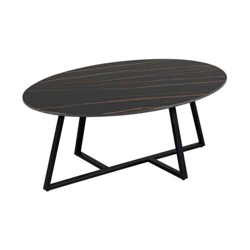 VIKASH - Table Basse Plateau en Céramique Effet Marbre Noir Piétement Métal Noir