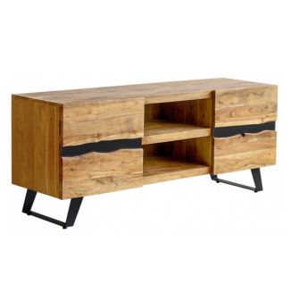 VOLSKA - Meuble TV 2 Portes 2 Niches en Acacia Massif et Métal Noir