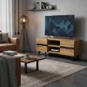 VOLSKA - Meuble TV 2 Portes 2 Niches en Acacia Massif et Métal Noir