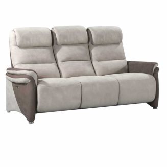 Canapé 3 places fixe tissu micro peau brun et mastic avec tablette centrale imitation noyer - NADIR