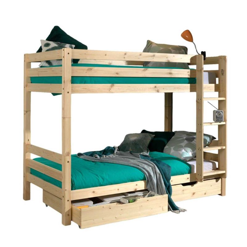 SLEEPY - Lit Superposé H160 en Pin Naturel 90x200cm avec 2 Tiroirs