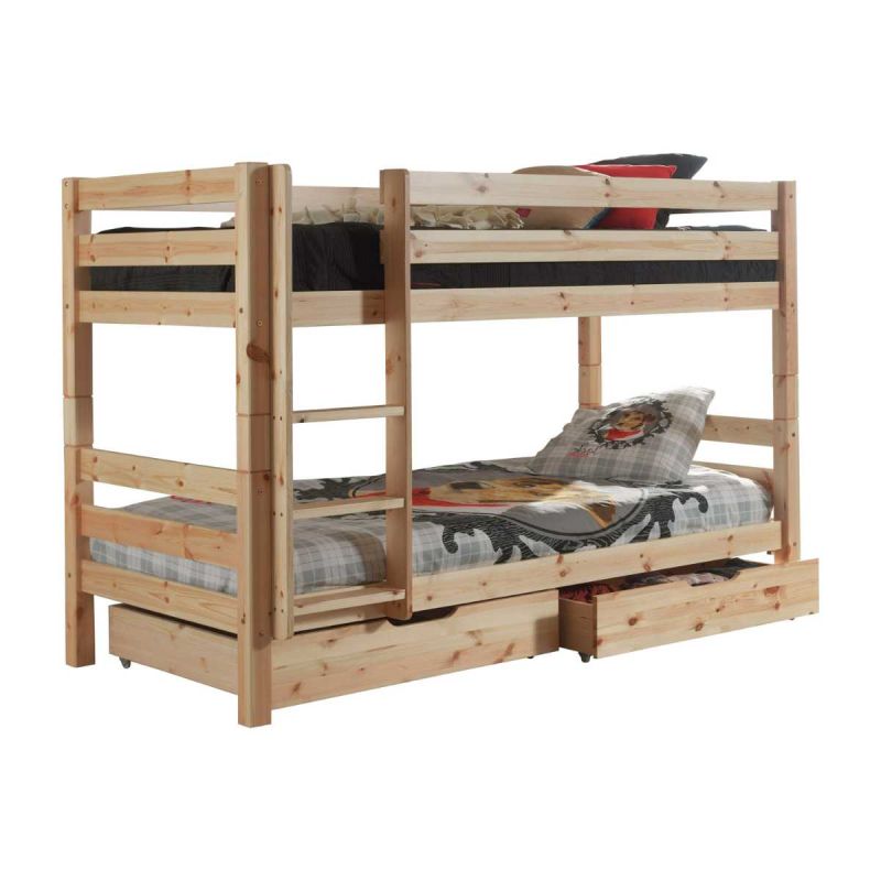 SLEEPY - Lit Superposé H140 en Pin Naturel 90x200cm avec 2 Tiroirs